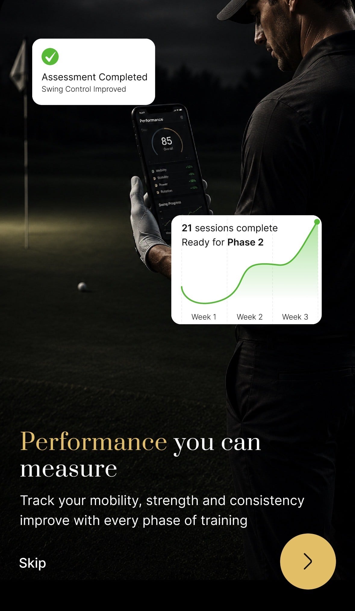 Pure Strike app screen reading “Performance you can measure”, with an assessment-complete card and a progress chart