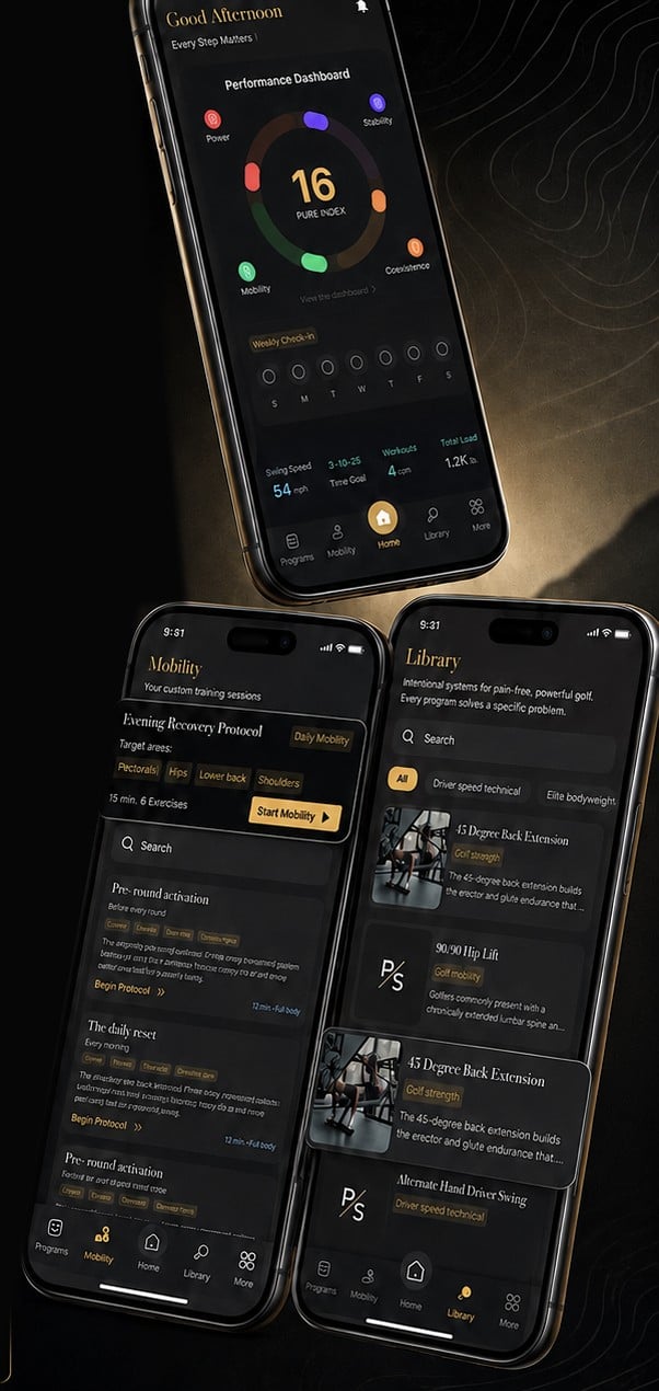Three Pure Strike app screens: the performance dashboard, mobility sessions and the program library